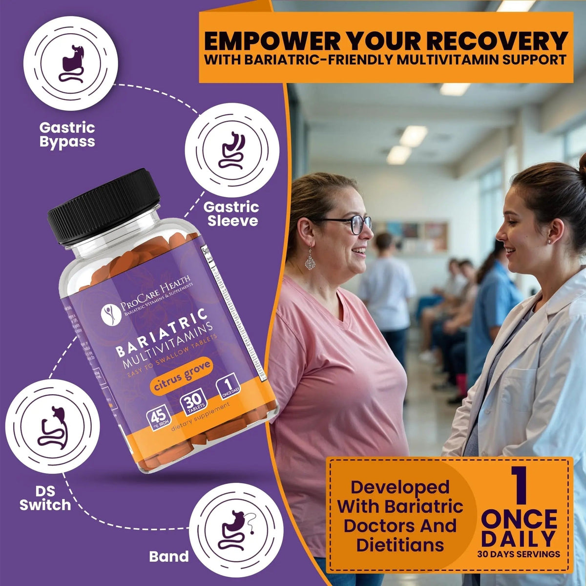 Procare Health Bariatric Multivitamin with Iron 45mg Easy to Swallow 30 Tablets - Post Op Bariatric Vitamins for Gastric Bypass Pills - PrimeBioHealth - canada supplements