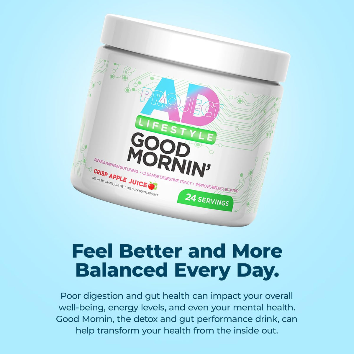 Project AD Life Good Morning Detox and Performance Drink, Naturally Flavored and Formulated with L-GLutamine, Apple Cider Vinegar, - PrimeBioHealth - canada supplements