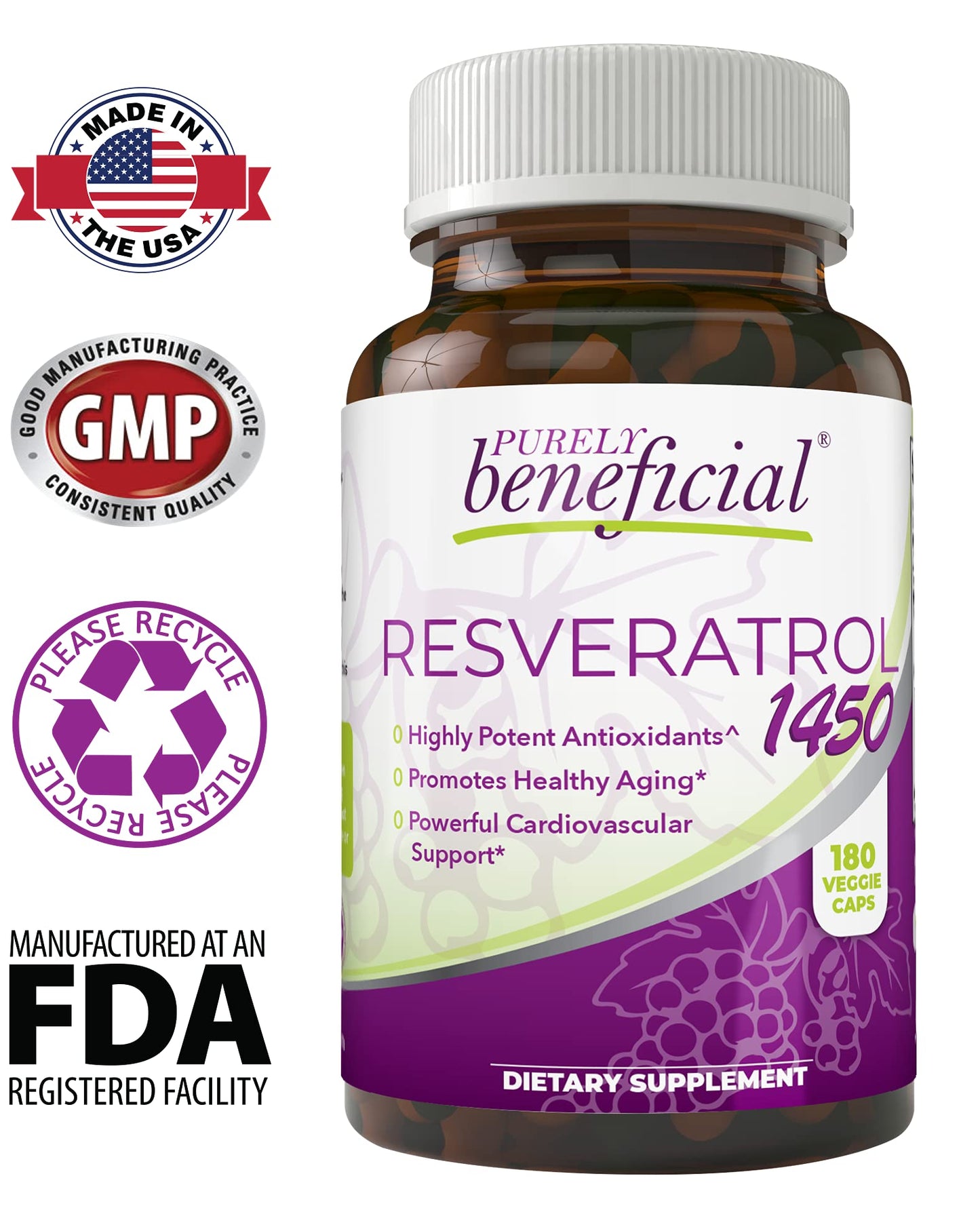 PURELY beneficial RESVERATROL1450-90day Supply, 1450mg per Serving of Potent Antioxidants & Trans-Resveratrol, Promotes Anti-Aging - PrimeBioHealth - canada supplements