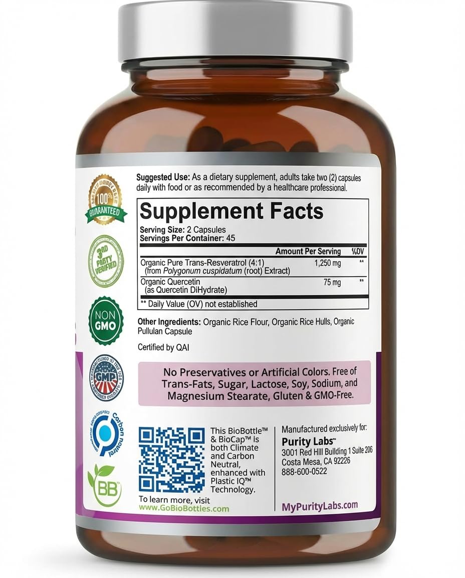 Purity Labs Trans-Resveratrol Supplement 5,000 mg Equivalent per Serving with Quercetin, USDA Organic High Potency Antioxidant, - PrimeBioHealth - canada supplements