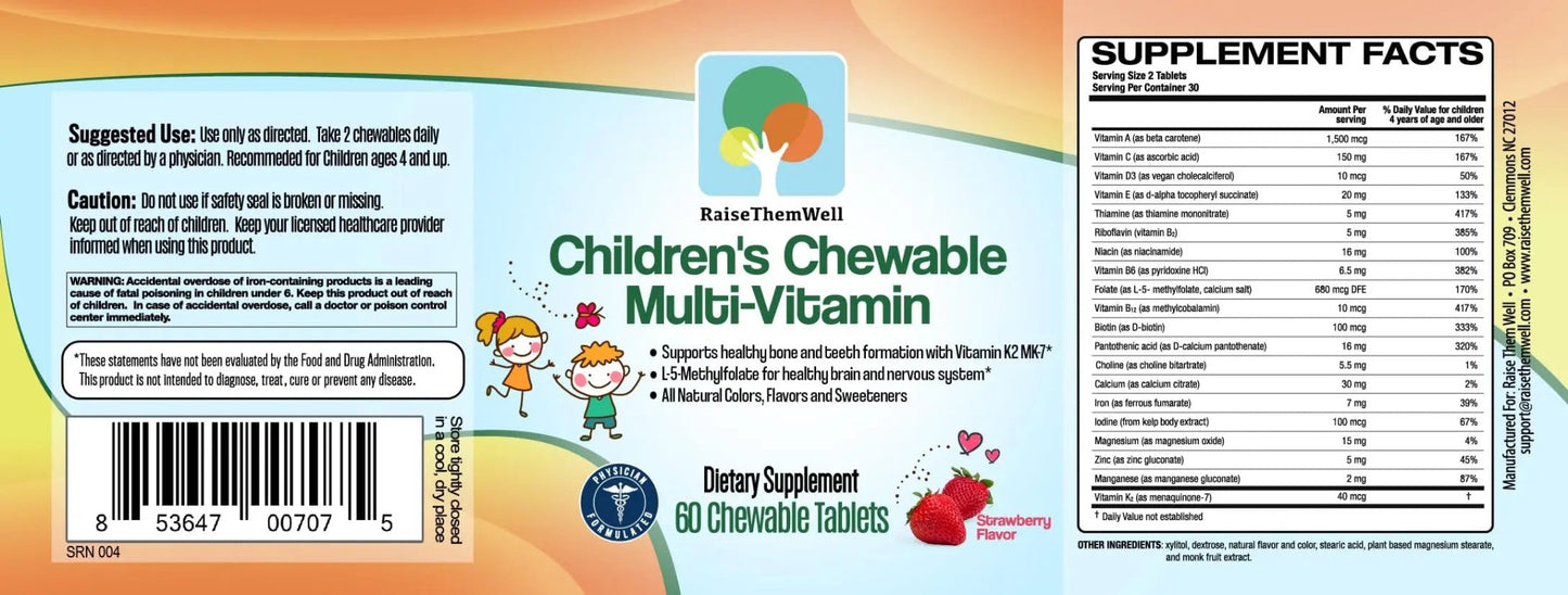 Raise Them Well Tasty Chewable Kids Multivitamin, All-Natural Colors, Flavors & Sweeteners, Daily Essential Vitamins for Children, Easy-to-Chew Vitamins, Strawberry - PrimeBioHealth - canada supplements