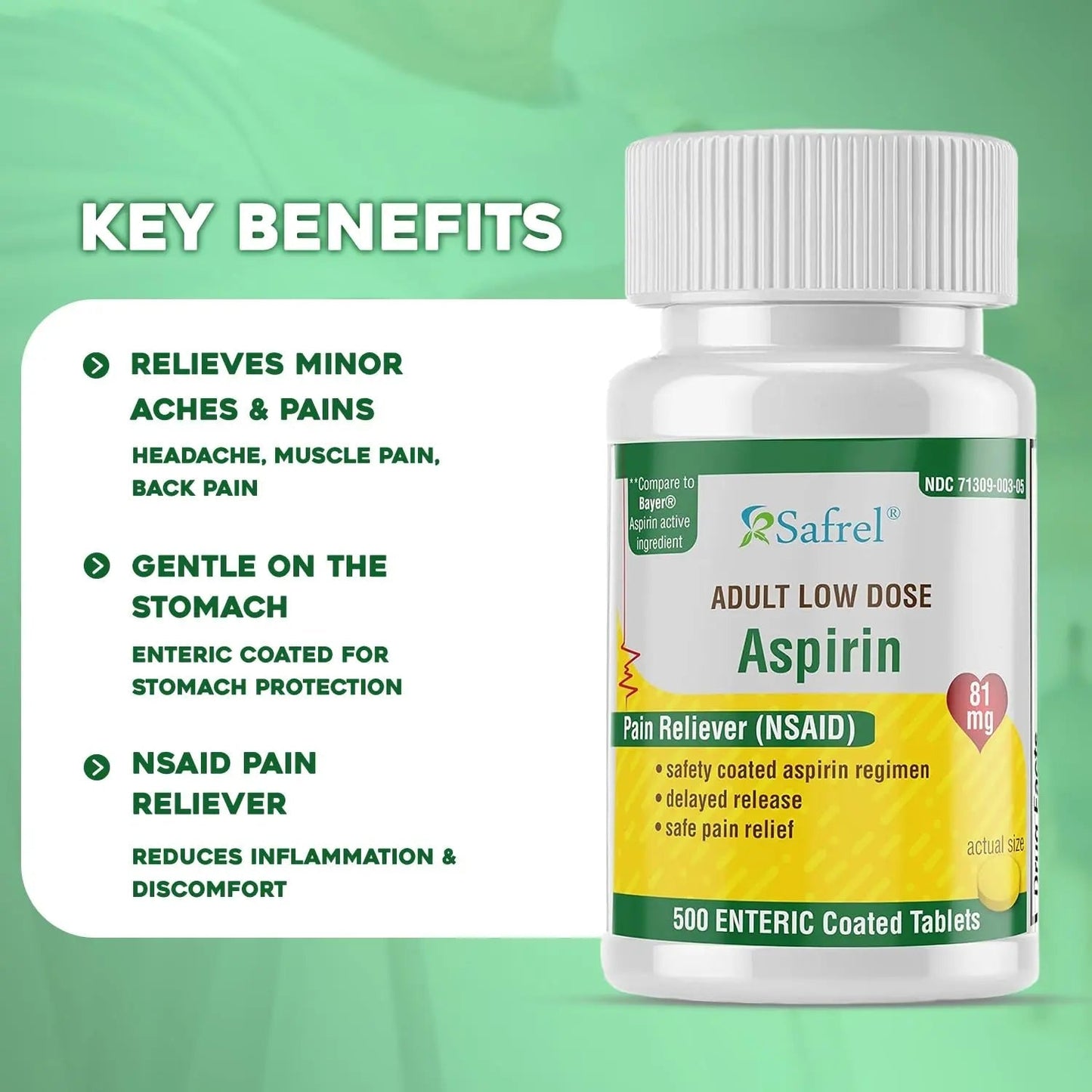 Safrel Generic Bayer Baby Aspirin 81 mg (500 Enteric Coated Tablets) | Adult Low Dose Strength Safe Pain Reliever (NSAID) for Minor Aches | Value Pack - PrimeBioHealth - canada supplements