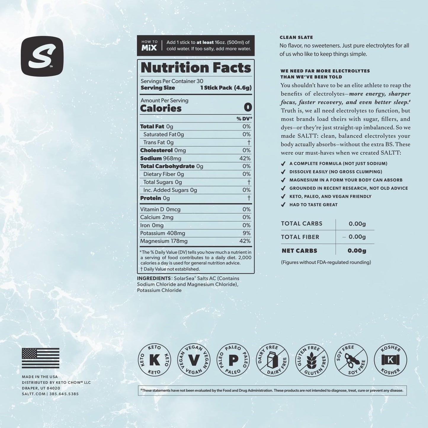 SALTT Electrolytes Powder Unflavored Drink Mix - Clean Slate - 30 Hydration Packets - Magnesium, Potassium, Sodium, Trace Minerals - Zero Sugar - PrimeBioHealth - canada supplements