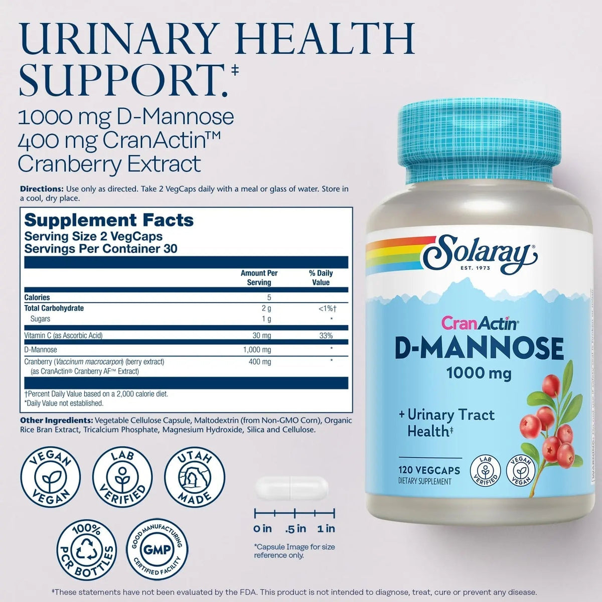 SOLARAY D-Mannose 1000mg with CranActin Cranberry Supplement 400mg, Urinary Tract Health & Bladder Support Capsules with Vitamin C, Vegan, 60 Day Guarantee, 60 Servings, 120 VegCaps (120 CT) - PrimeBioHealth - canada supplements