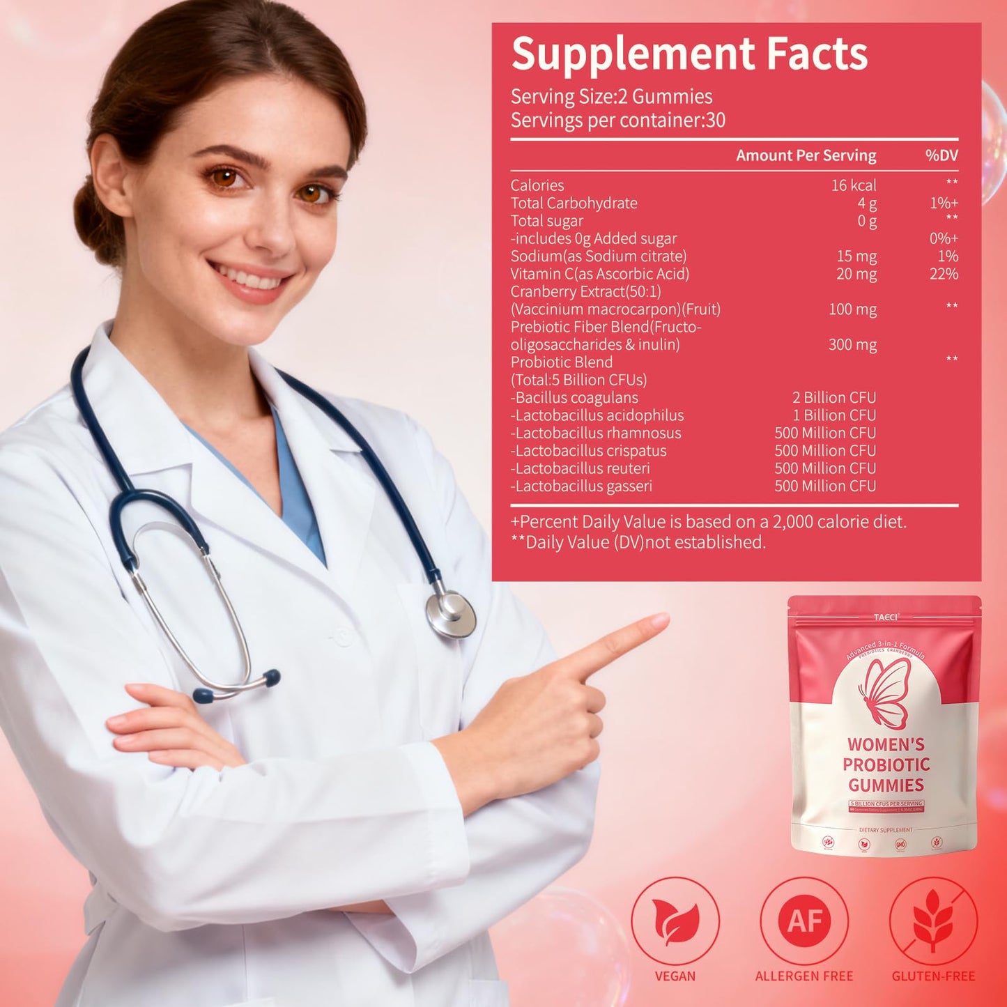 Taeci Vaginal Probiotic Gummies for Women – 5 Billion CFU with Prebiotic & Cranberry Extract – Supports pH Balance, Healthy Odor & Gut Health - PrimeBioHealth - canada supplements