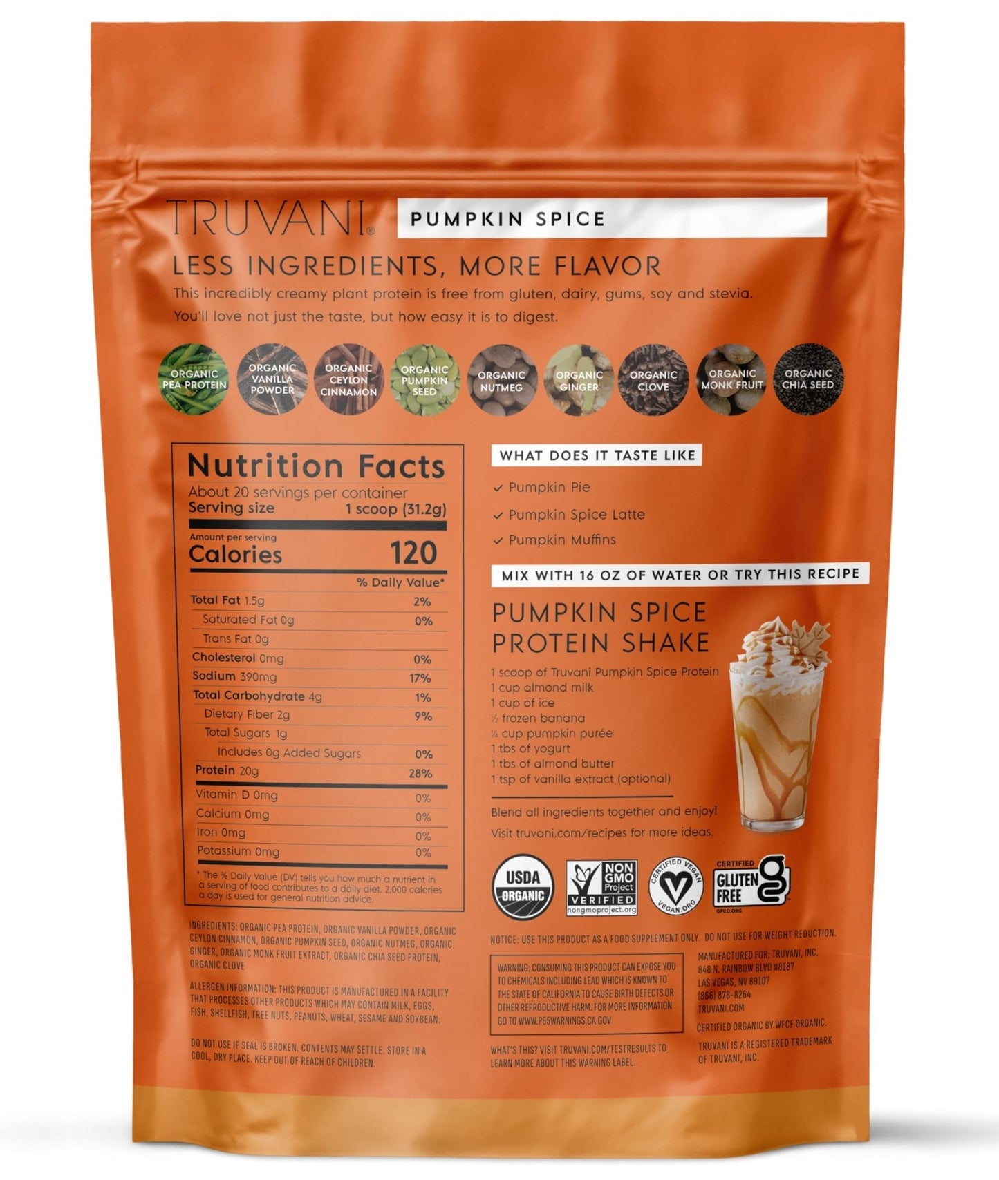 Truvani Vegan Pea Protein Powder | Pumpkin Spice | 20g Organic Plant Based Protein | 20 Servings | Keto | Gluten & Dairy Free - PrimeBioHealth - canada supplements