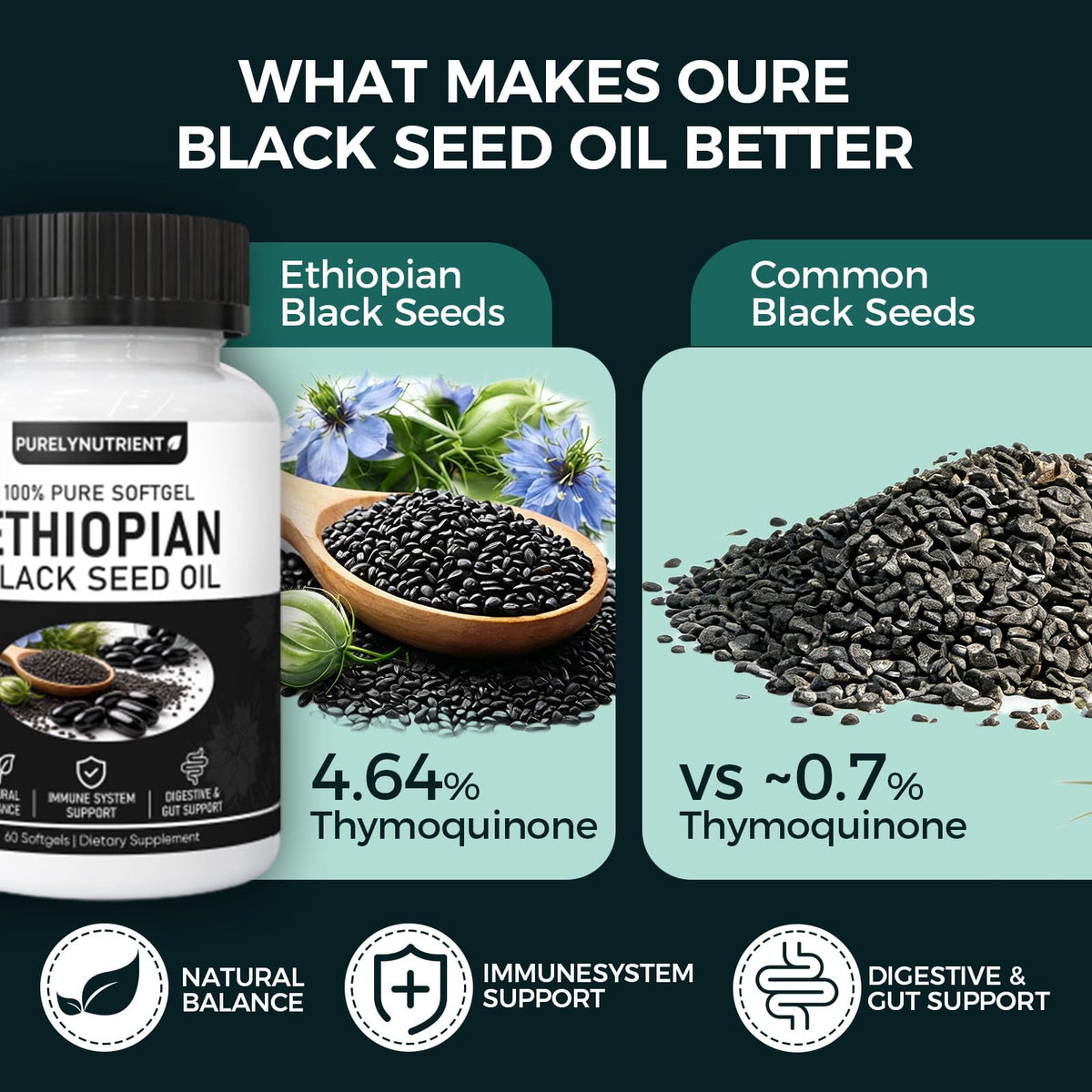 TUVAAZ PURELYNUTRIENT Ethiopian Black Seed Oil Capsules with 4.64% Thymoquinone, Immune Support & Digestion & Energy Booster - PrimeBioHealth - canada supplements