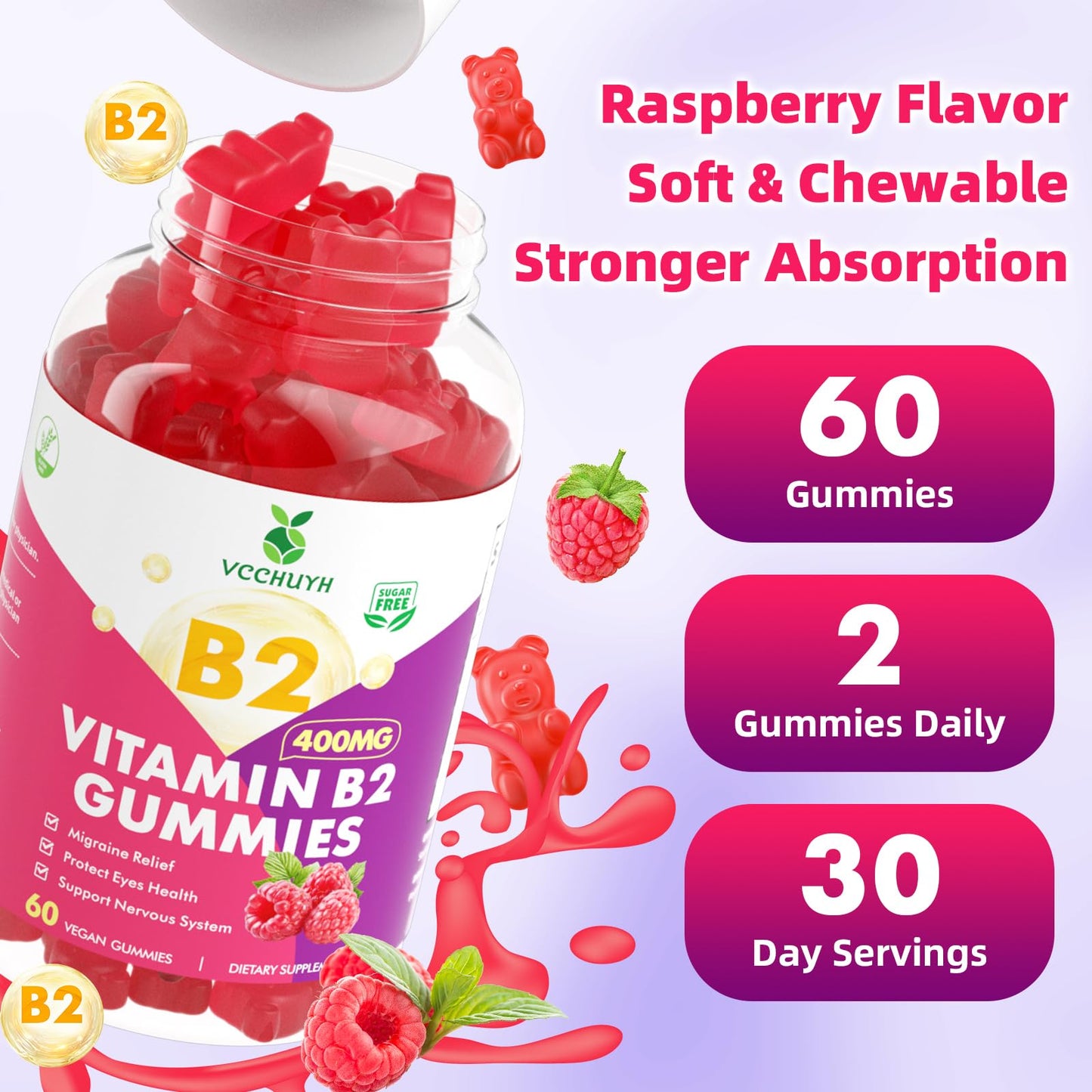 VCCHUYH Vitamin B2 Gummies for Kids & Adults, VIT B2 Riboflavin 400mg Supplement with Magnesium for Migraine Relief & Nervous System Support, Non-GMO, - PrimeBioHealth - canada supplements