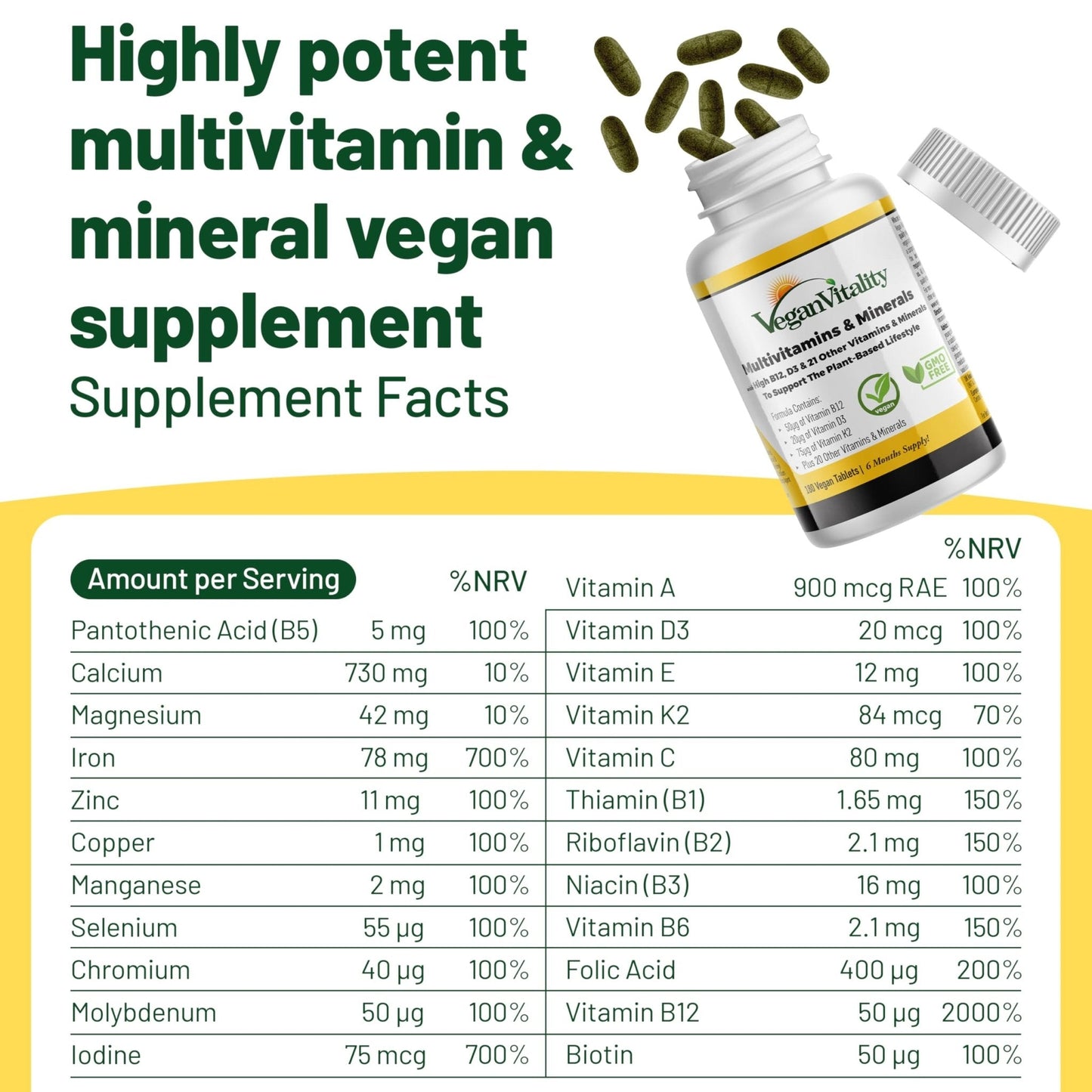 Vegan Vitality Multivitamins & Minerals for Women and Men with High Strength Vitamin B12, D3 & K2. 180 Vegan Multivitamin Tablets - 6 Months Supply - PrimeBioHealth - canada supplements