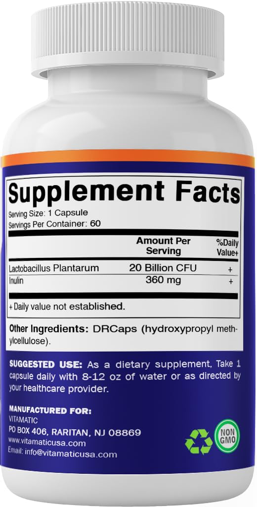 Vitamatic Lactobacillus Plantarum - 20 Billion per DR Capsule - 60 Count - Digestive Support - Made with Prebiotic Inulin Fiber - PrimeBioHealth - canada supplements