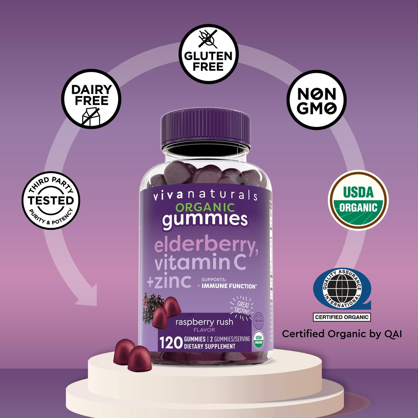 Viva Naturals Sambucus Elderberry Gummies for Adults - 150mg Black Elderberry Vitamin C and Zinc, 3-in-1 Daily Immune Support Gummies, Raspberry Rush Flavor - PrimeBioHealth - canada supplements