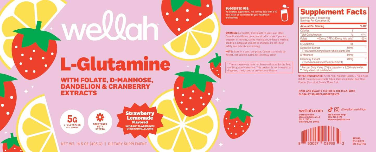 Wellah L-Glutamine Strawberry Lemonade Flavored (50 Servings) - 5g L-Glutamine Per Serving, Sweetened with Stevia - PrimeBioHealth - canada supplements