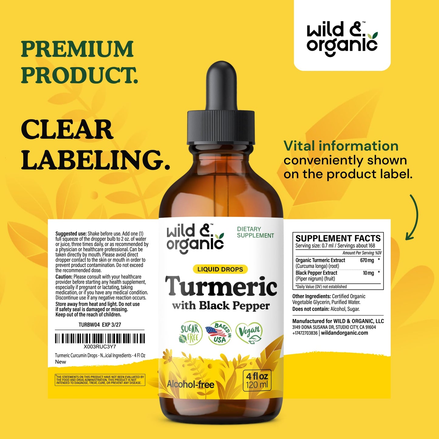 Wild & Organic Turmeric Supplement Liquid Drops - Movement & Immune Support - Liquid Turmeric with Black Pepper Extract - Add to Tea Tincture - Curcumin Supplements - Sugar & Alcohol-Free - 4 fl oz - PrimeBioHealth - canada supplements