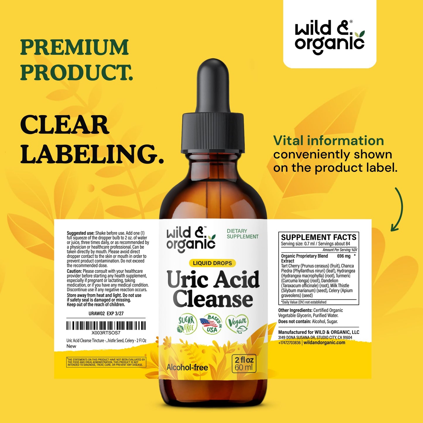 Wild & Organic Uric Acid Cleanse Liquid Drops - Tart Cherry, Turmeric, Celery, Chanca Piedra, Dandelion Root Extract Complex - Uric Acid Supplement - Vegan, Sugar & Alcohol-Free Tincture - 4 fl oz - PrimeBioHealth - canada supplements