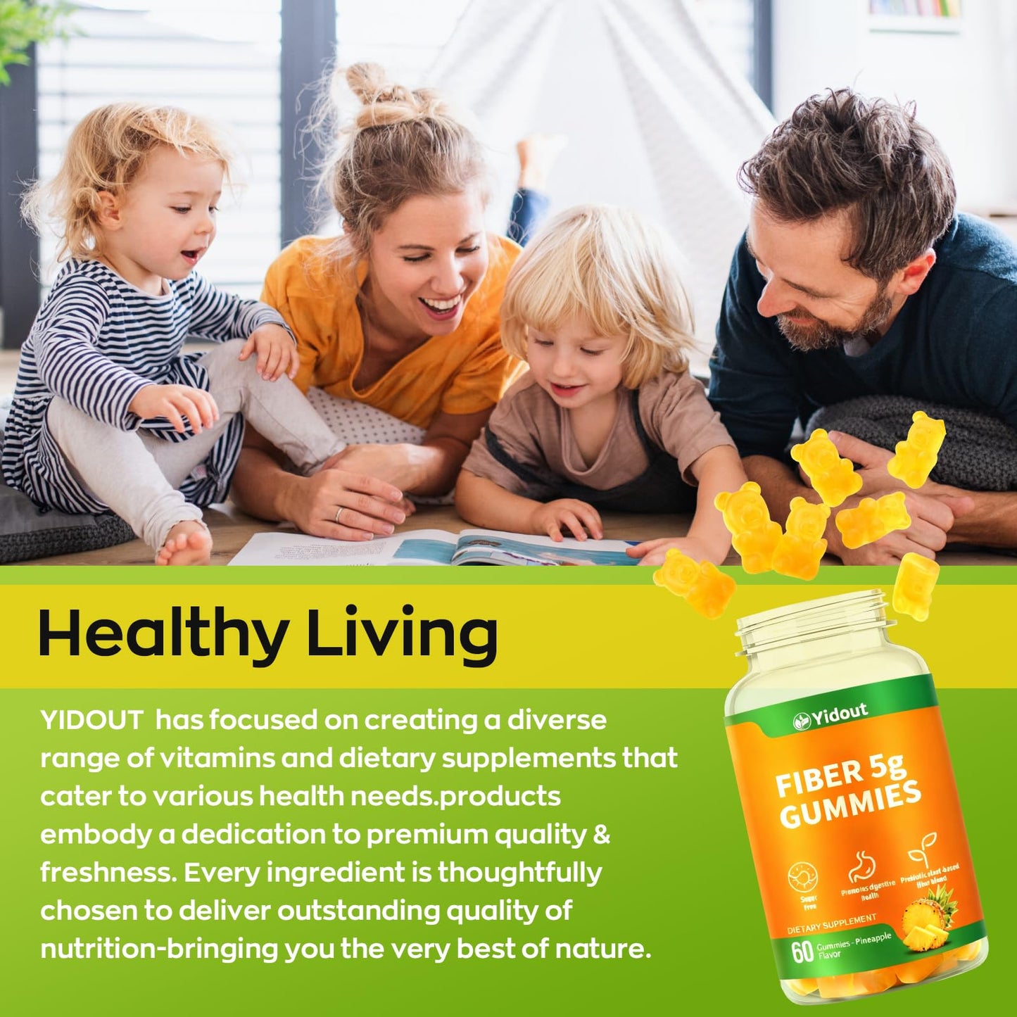 Yidout Fiber Gummies for Adults with Probiotics,No Sugar Added Pineapple Flavor, Promotes Gut Health and Regulate Bowel Movement, Vegan (60 Count(Pack of 1)) - PrimeBioHealth - canada supplements