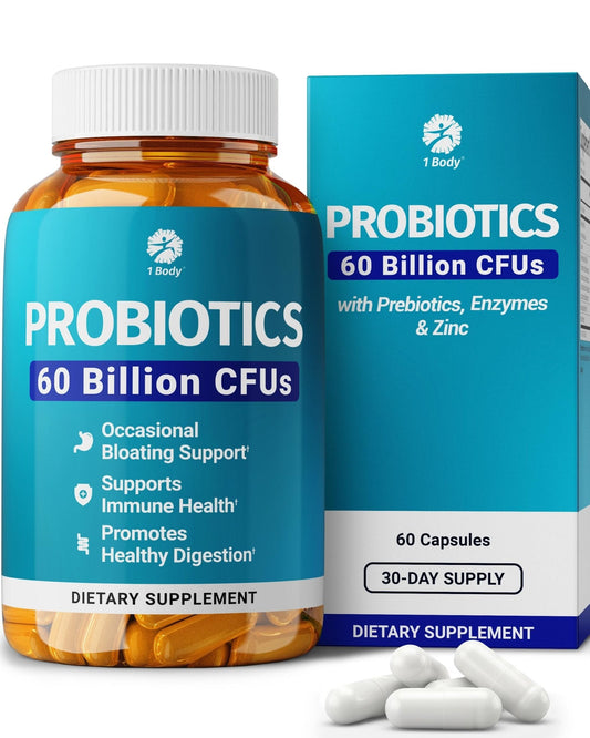 1 Body Probiotic 60 Billion for Men & Women, Gut Health Support with Prebiotics, Digestive Enzymes, Zinc & L-Glutamine, Non-GMO, 60 Vegan Capsules - PrimeBioHealth - canada supplements