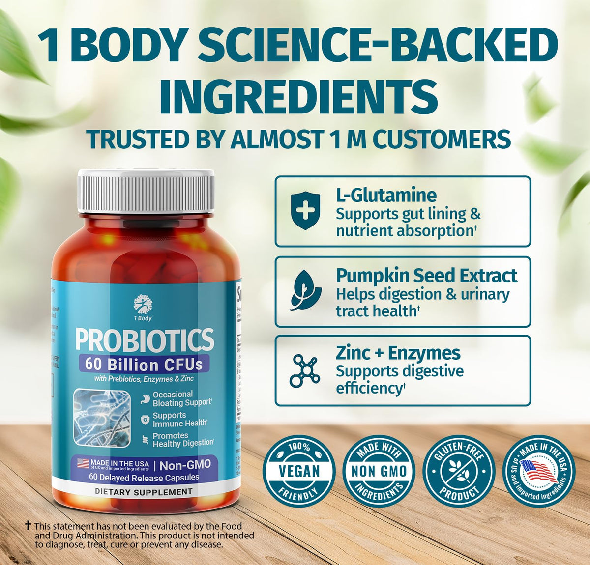 1 Body Probiotic 60 Billion for Men & Women, Gut Health Support with Prebiotics, Digestive Enzymes, Zinc & L-Glutamine, Non-GMO, 60 Vegan Capsules - PrimeBioHealth - canada supplements