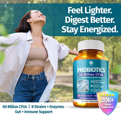1 Body Probiotic 60 Billion for Men & Women, Gut Health Support with Prebiotics, Digestive Enzymes, Zinc & L-Glutamine, Non-GMO, 60 Vegan Capsules - PrimeBioHealth - canada supplements