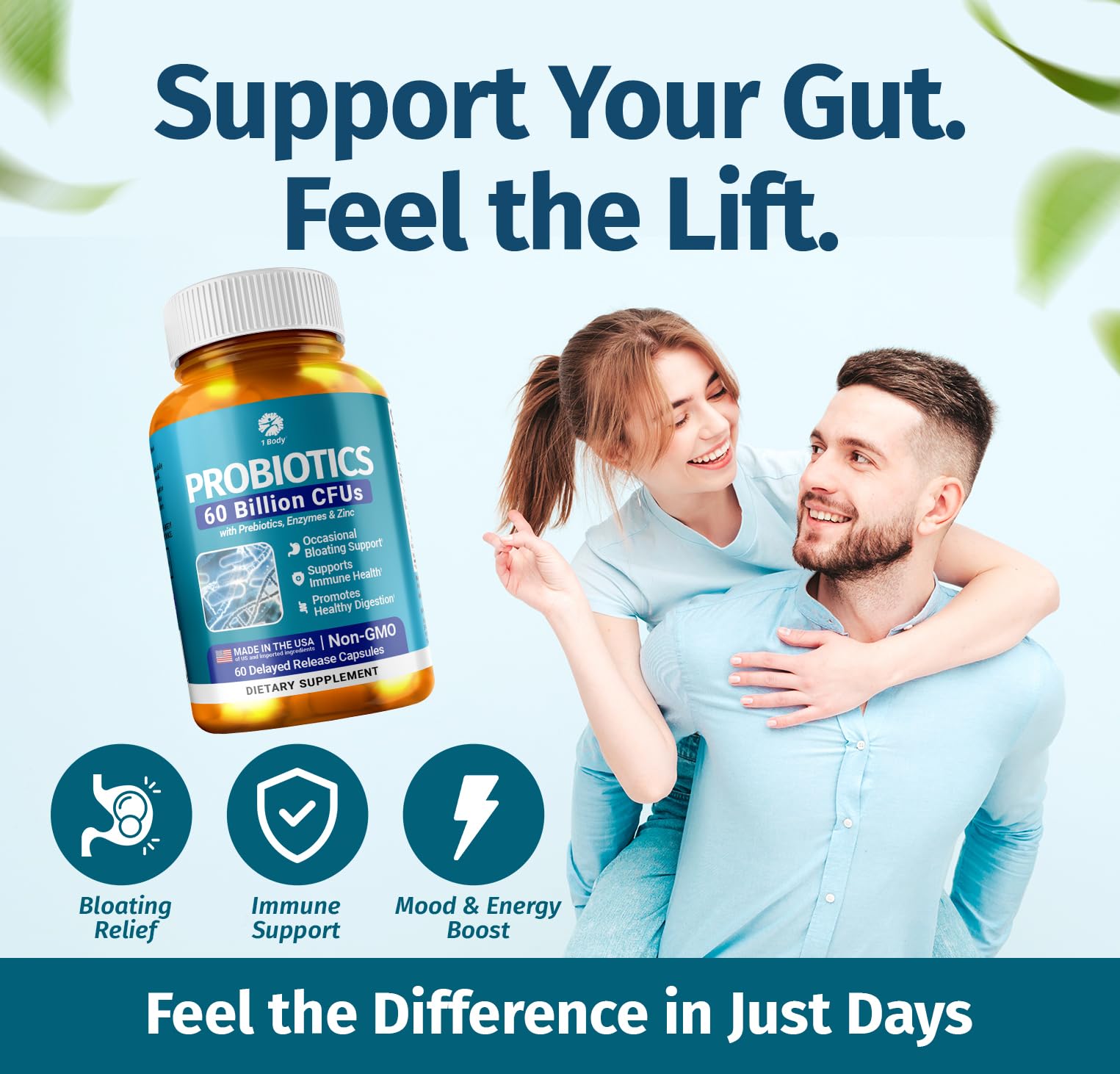 1 Body Probiotic 60 Billion for Men & Women, Gut Health Support with Prebiotics, Digestive Enzymes, Zinc & L-Glutamine, Non-GMO, 60 Vegan Capsules - PrimeBioHealth - canada supplements