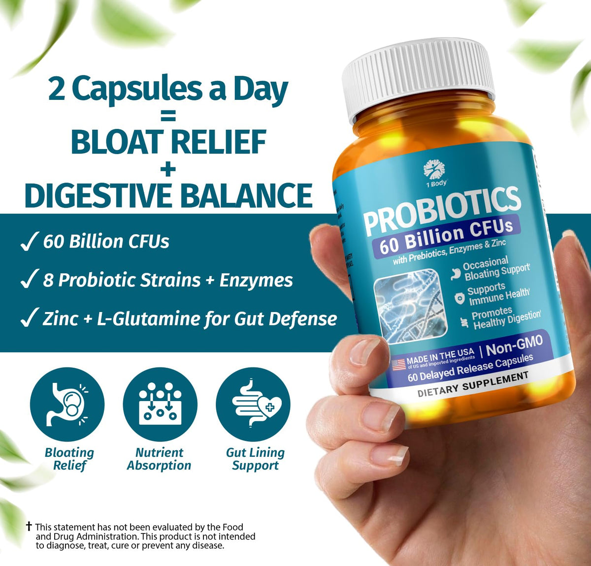 1 Body Probiotic 60 Billion for Men & Women, Gut Health Support with Prebiotics, Digestive Enzymes, Zinc & L-Glutamine, Non-GMO, 60 Vegan Capsules - PrimeBioHealth - canada supplements