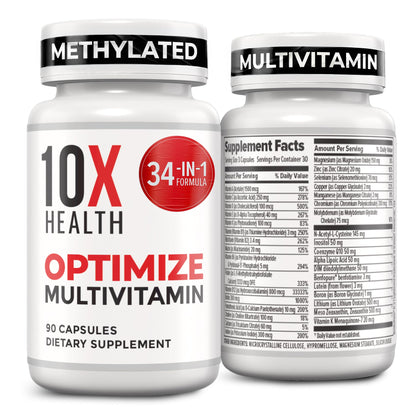 10X Health Optimize Methylated Multivitamin for Men - 90 Capsules, 34 in 1 Formula with 800 mcg of Vitamin B12, 5-MTHF, NAC - PrimeBioHealth - canada supplements