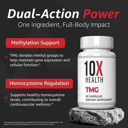 10X Health TMG Supplements - Trimethylglycine Supplement for Liver Support, Heart Wellness, Energy, Homocysteine Levels - TMG Capsules with Betaine Anhydrous - PrimeBioHealth - canada supplements
