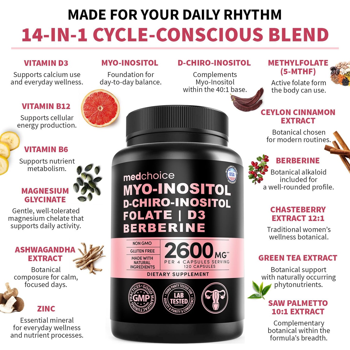 14-in-1 Women’s Inositol Complex Supplement – 40:1 Myo & D-Chiro Inositol with Folate, Vitamin D3, Zinc, Magnesium & Botanicals for Hormone - PrimeBioHealth - canada supplements