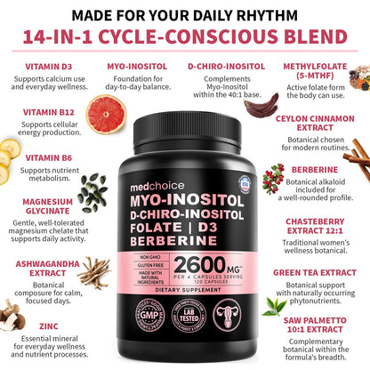 14-in-1 Women’s Inositol Complex Supplement – 40:1 Myo & D-Chiro Inositol with Folate, Vitamin D3, Zinc, Magnesium & Botanicals for Hormone - PrimeBioHealth - canada supplements