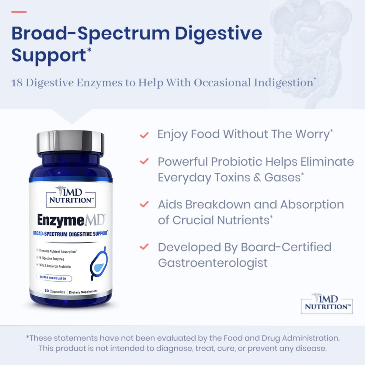 1MD Nutrition EnzymeMD - Digestive Enzymes Supplement - Doctor Formulated | 18 Plant-Based Enzymes - Gas & Bloating Support | 60 Capsules - PrimeBioHealth - canada supplements
