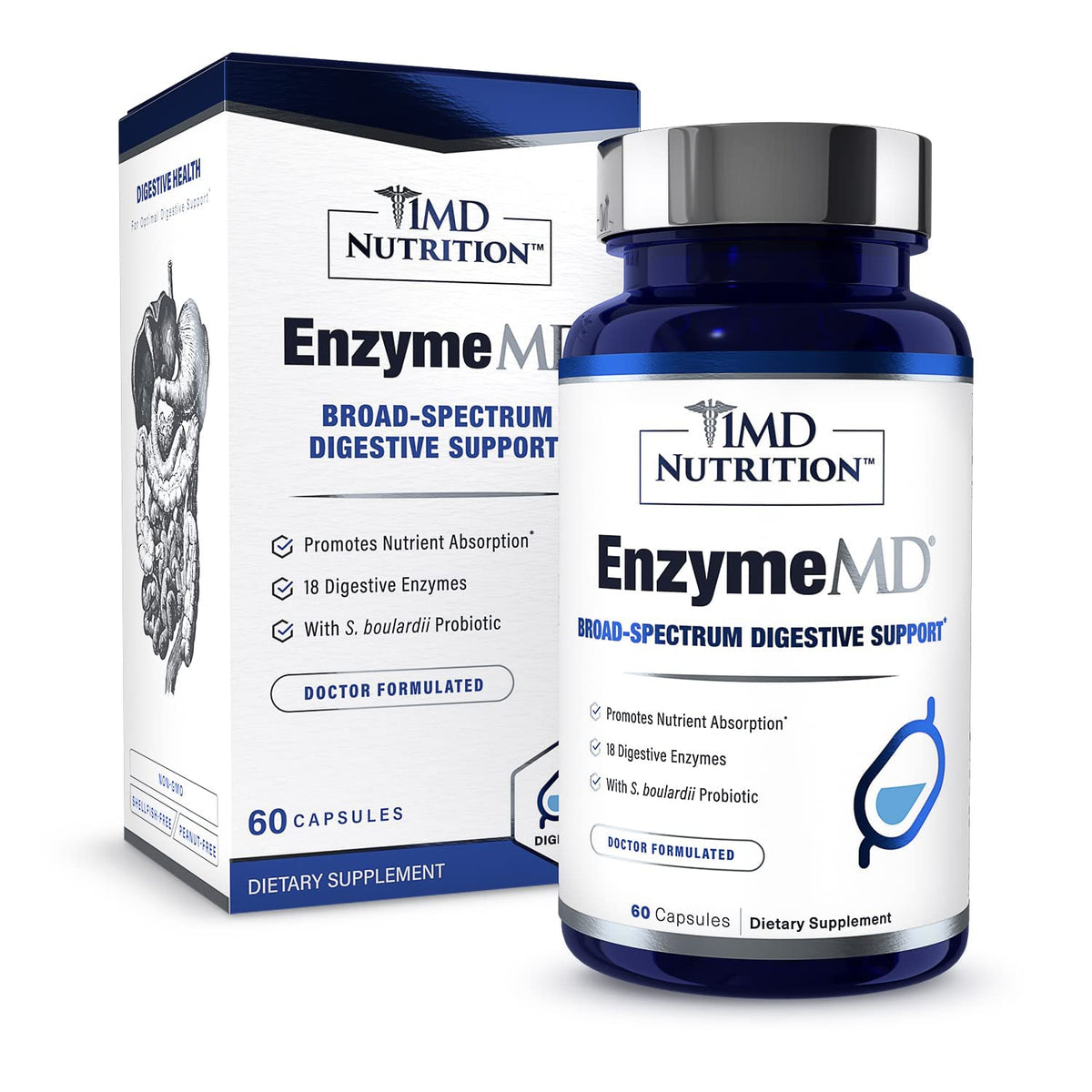 1MD Nutrition EnzymeMD - Digestive Enzymes Supplement - Doctor Formulated | 18 Plant-Based Enzymes - Gas & Bloating Support | 60 Capsules - PrimeBioHealth - canada supplements