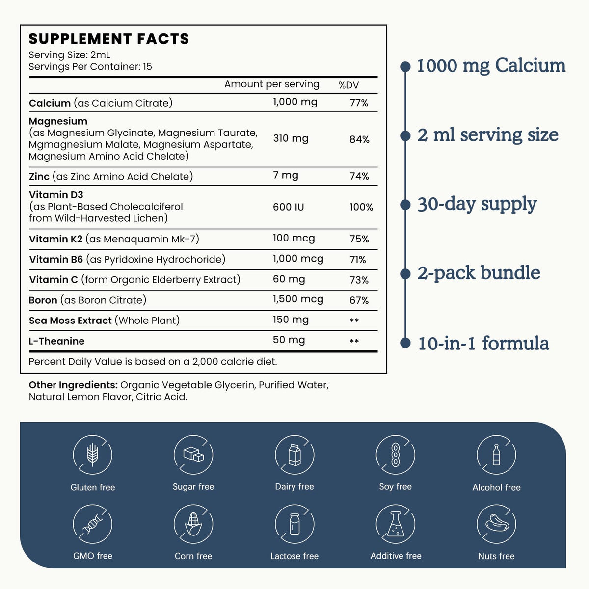 (2 Pack) 10 in 1 Magnesium Calcium Zinc Supplement with Vitamin C D3 K2, Glycinate Mag Vegan Liquid Drops Plus L-Theanine Boron Sea Moss Extract, Immune Support - PrimeBioHealth - canada supplements