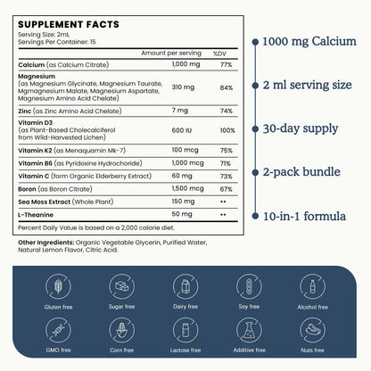 (2 Pack) 10 in 1 Magnesium Calcium Zinc Supplement with Vitamin C D3 K2, Glycinate Mag Vegan Liquid Drops Plus L-Theanine Boron Sea Moss Extract, Immune Support - PrimeBioHealth - canada supplements