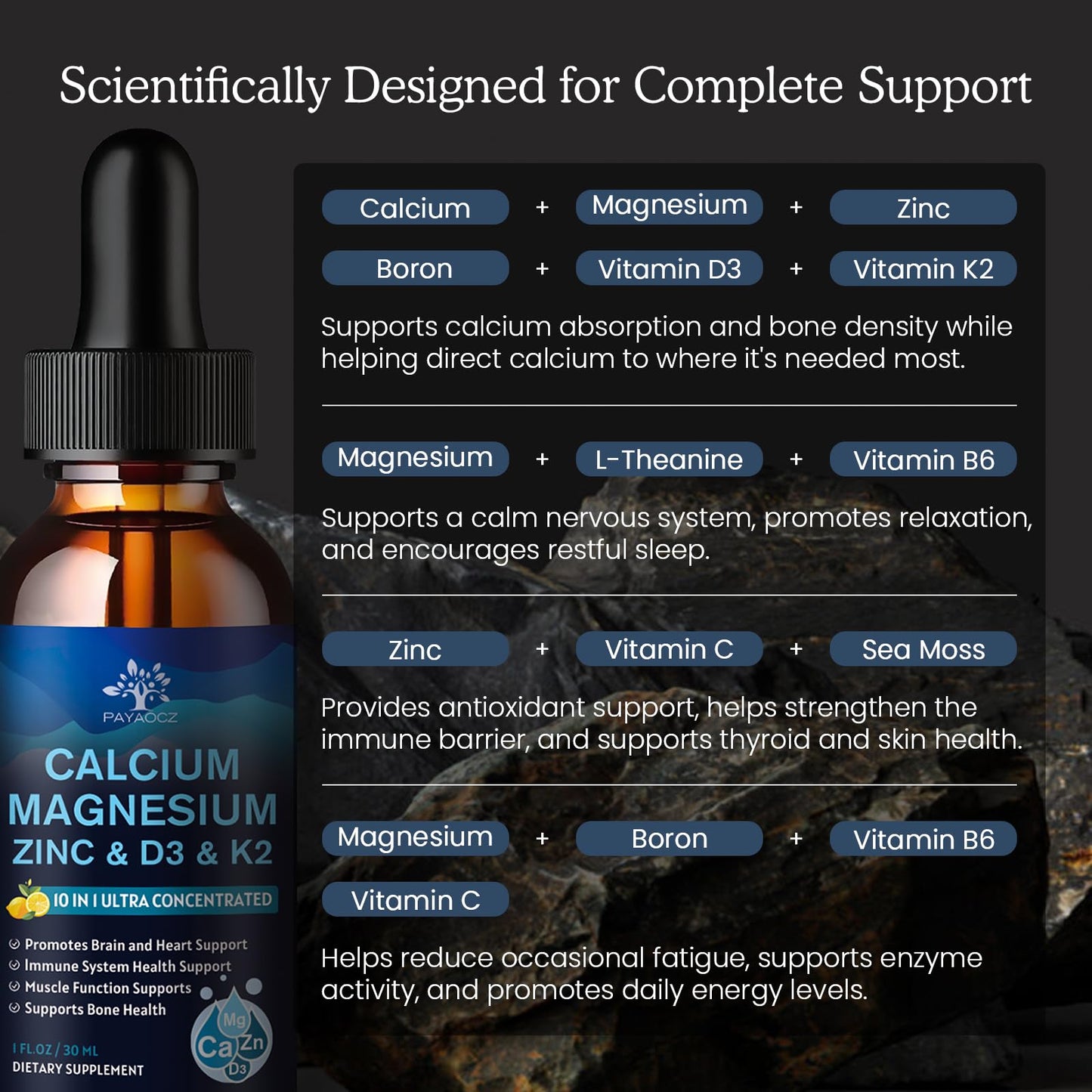 (2 Pack) 10 in 1 Magnesium Calcium Zinc Supplement with Vitamin C D3 K2, Glycinate Mag Vegan Liquid Drops Plus L-Theanine Boron Sea Moss Extract, Immune Support - PrimeBioHealth - canada supplements