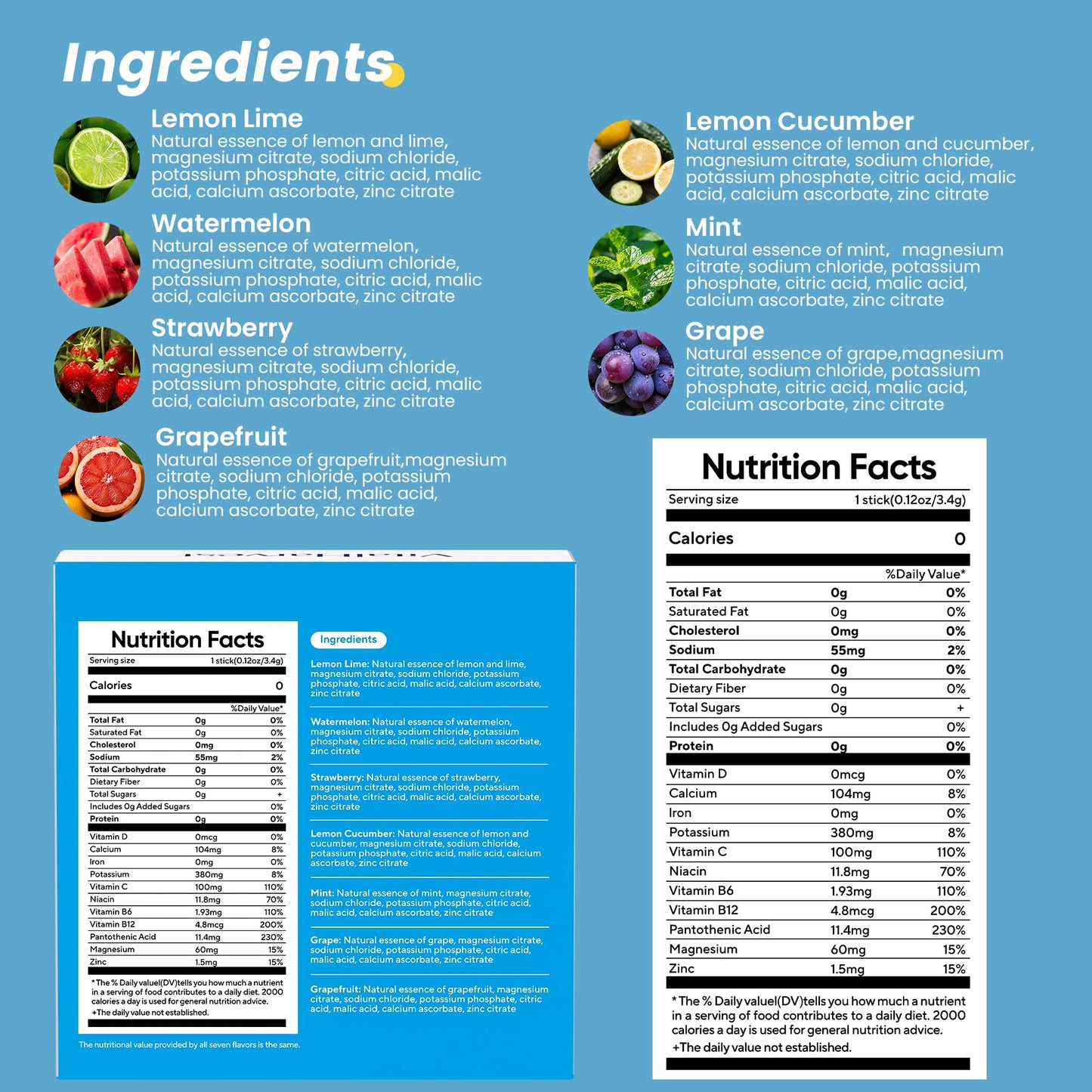 24 Sticks Electrolytes Powder Packets 7 Flavors Sugar Free Hydration Packets Liquid Daily IV Drink Mix, Low Sodium, Lemon Lime, Watermelon, Strawberry, Grape - PrimeBioHealth - canada supplements
