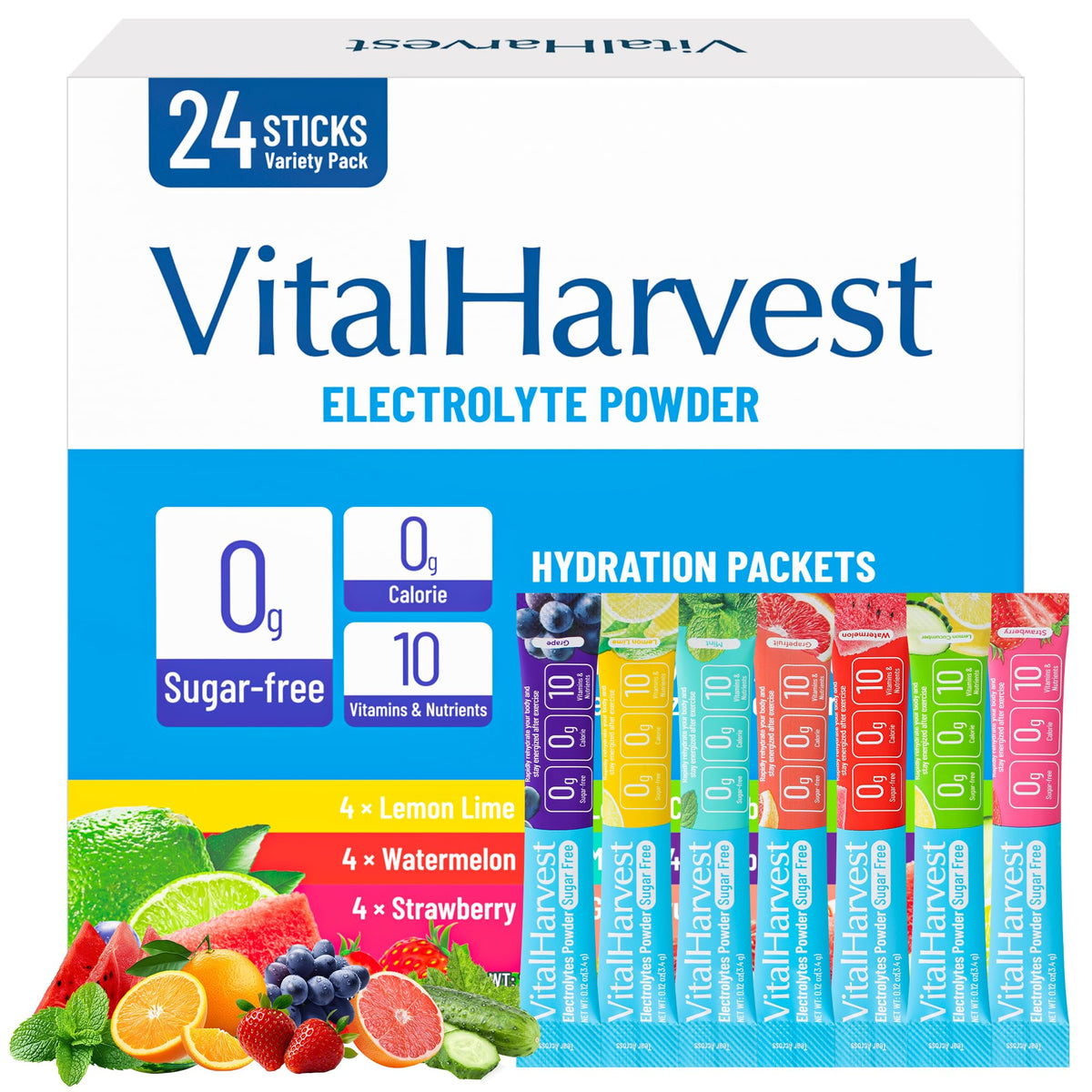 24 Sticks Electrolytes Powder Packets 7 Flavors Sugar Free Hydration Packets Liquid Daily IV Drink Mix, Low Sodium, Lemon Lime, Watermelon, Strawberry, Grape - PrimeBioHealth - canada supplements