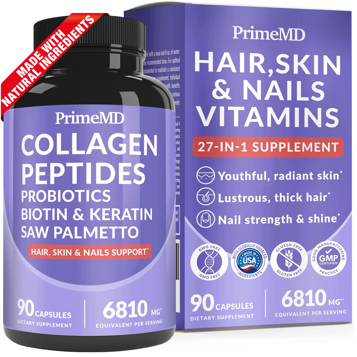 27-in-1 Hair Skin and Nails Vitamins (6810mg) with Biotin 10000mcg - Collagen Supplements for Men and Women - Keratin Supplements with Probiotics - PrimeBioHealth - canada supplements