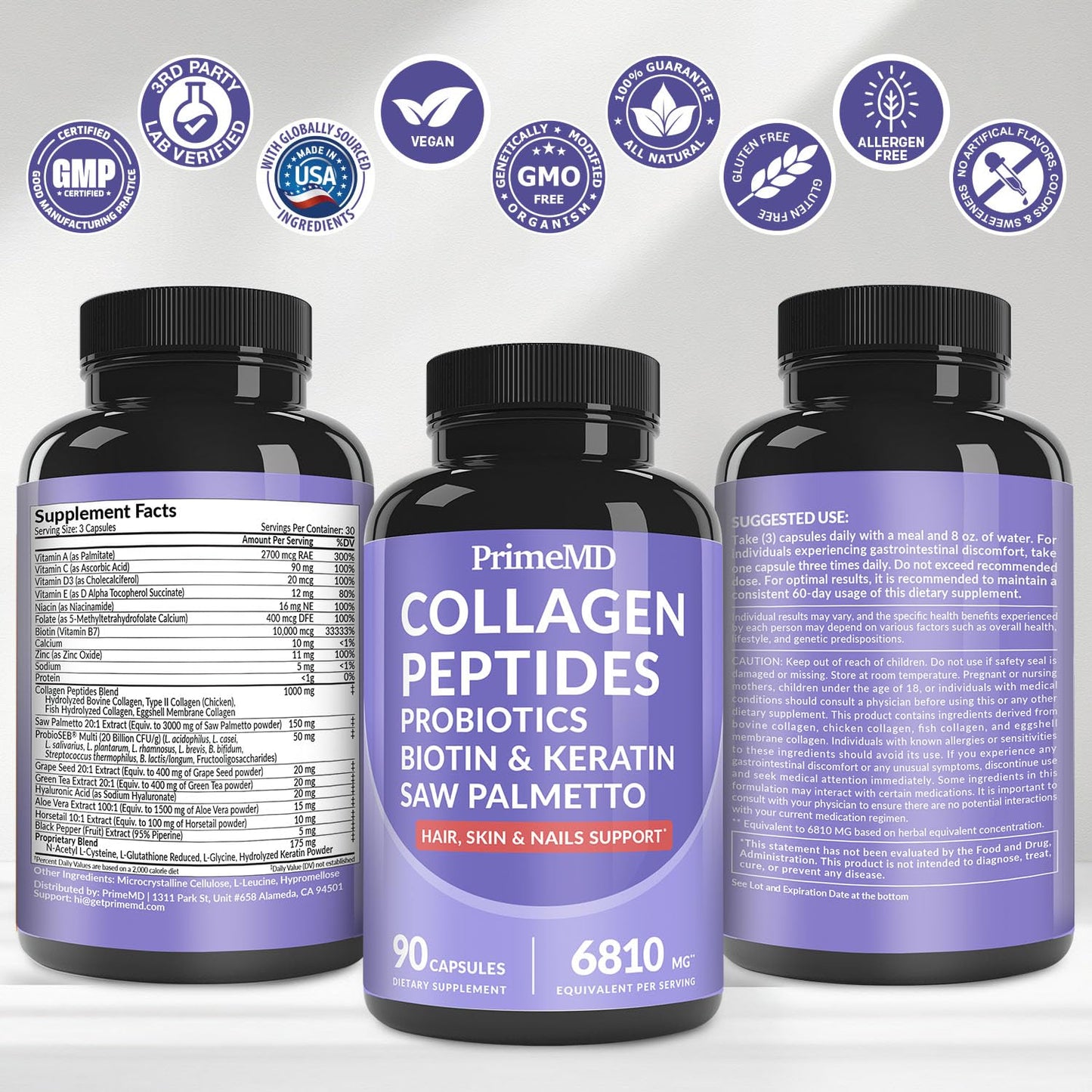 27-in-1 Hair Skin and Nails Vitamins (6810mg) with Biotin 10000mcg - Collagen Supplements for Men and Women - Keratin Supplements with Probiotics - PrimeBioHealth - canada supplements