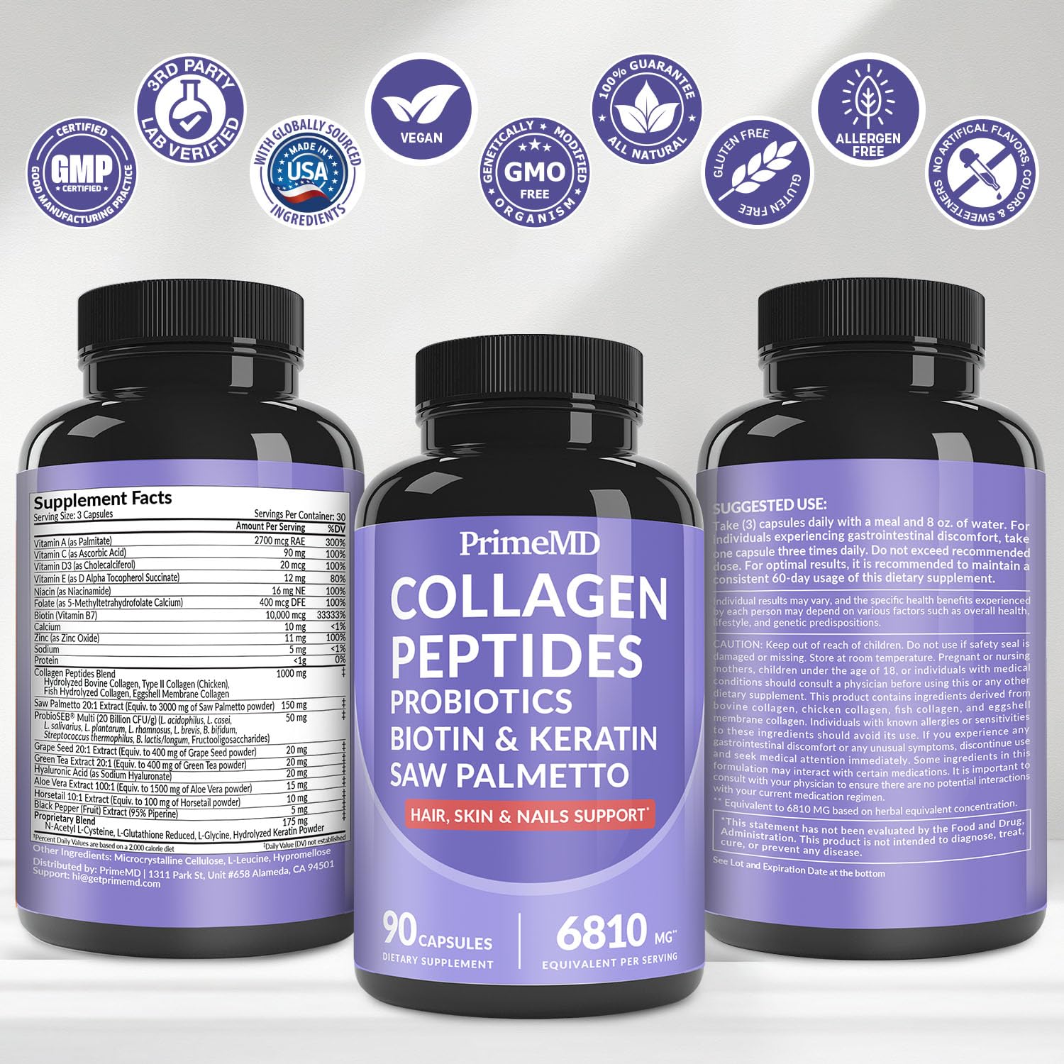 27-in-1 Hair Skin and Nails Vitamins (6810mg) with Biotin 10000mcg - Collagen Supplements for Men and Women - Keratin Supplements with Probiotics - PrimeBioHealth - canada supplements