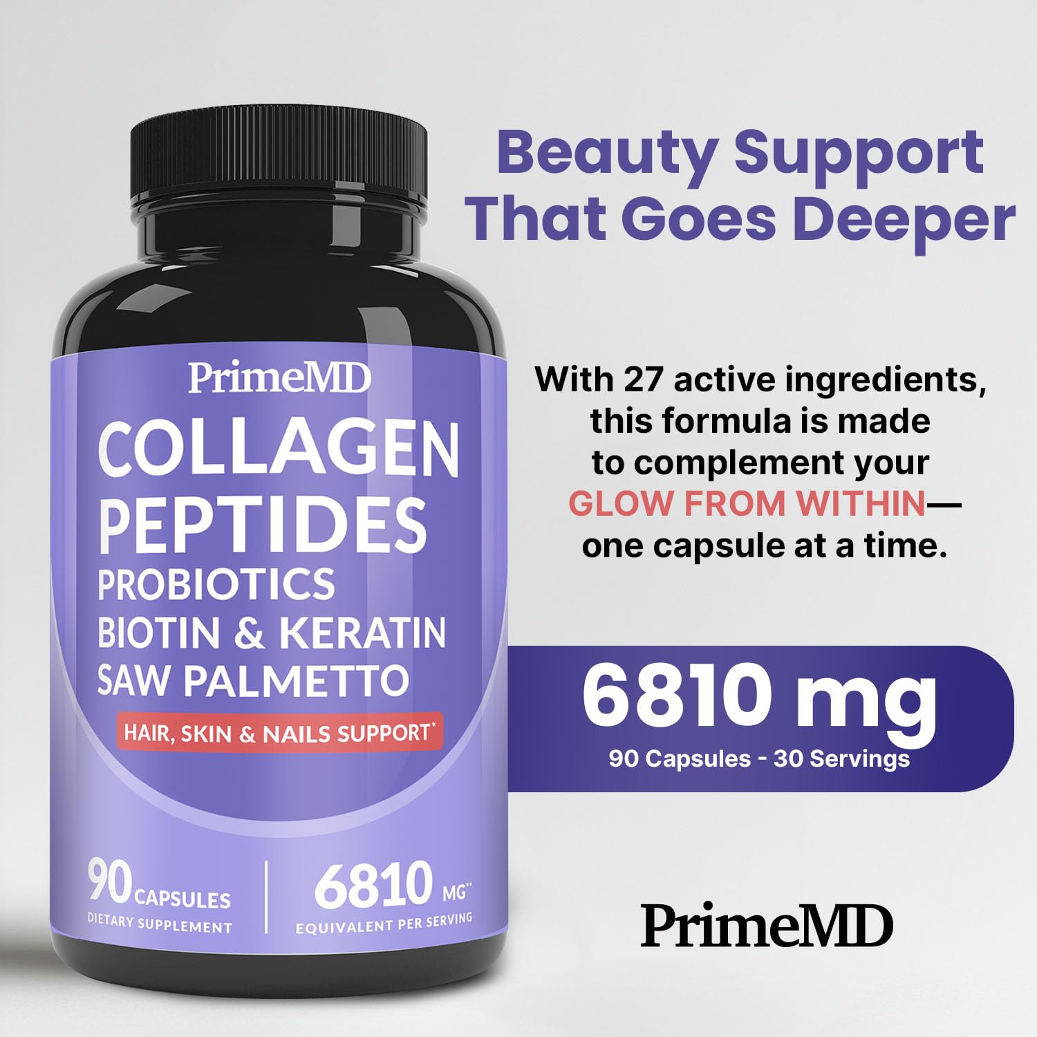 27-in-1 Hair Skin and Nails Vitamins (6810mg) with Biotin 10000mcg - Collagen Supplements for Men and Women - Keratin Supplements with Probiotics - PrimeBioHealth - canada supplements