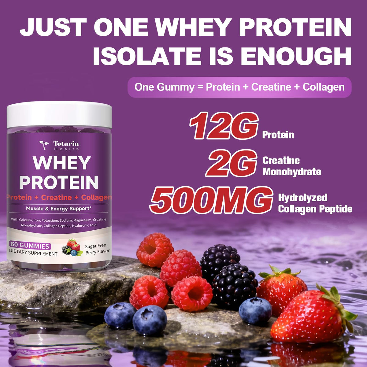 3 in 1 Whey Protein Gummies | Creatine Monohydrate | Collagen, 0 Sugar, Pure Protein Source, Muscle & Energy Support, Berry Flavor, for Women and Men - PrimeBioHealth - canada supplements