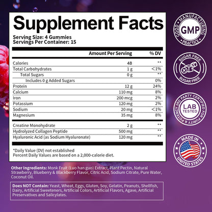 3 in 1 Whey Protein Gummies | Creatine Monohydrate | Collagen, 0 Sugar, Pure Protein Source, Muscle & Energy Support, Berry Flavor, for Women and Men - PrimeBioHealth - canada supplements