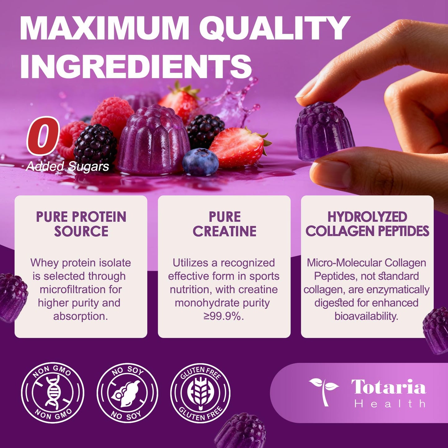 3 in 1 Whey Protein Gummies | Creatine Monohydrate | Collagen, 0 Sugar, Pure Protein Source, Muscle & Energy Support, Berry Flavor, for Women and Men - PrimeBioHealth - canada supplements