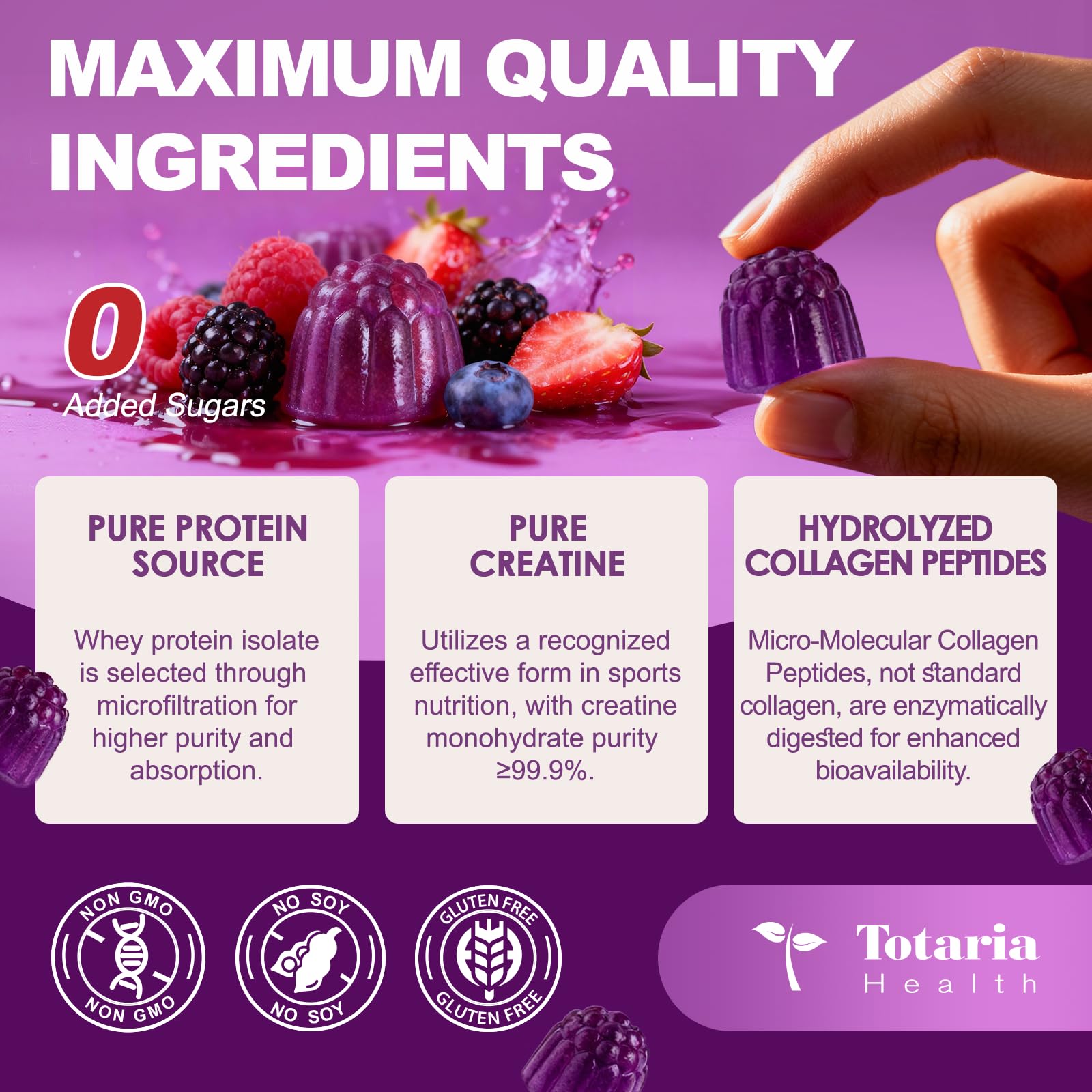 3 in 1 Whey Protein Gummies | Creatine Monohydrate | Collagen, 0 Sugar, Pure Protein Source, Muscle & Energy Support, Berry Flavor, for Women and Men - PrimeBioHealth - canada supplements