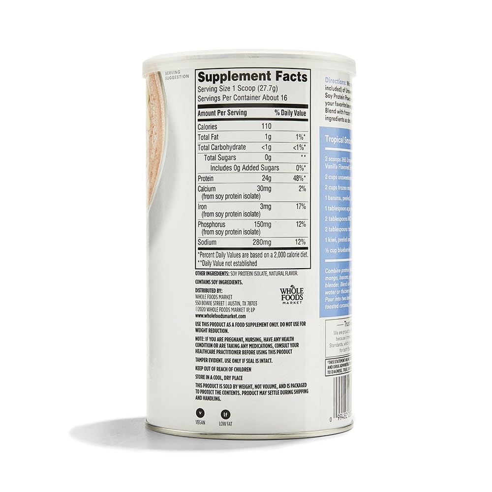 365 by Whole Foods Market, Soy Protein Powder, Unsweetened Vanilla Flavor, 15.63 oz - PrimeBioHealth - canada supplements