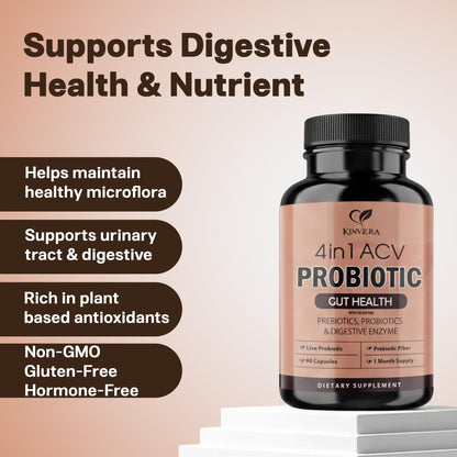 4-in-1 ACV Gut Formula – Apple Cider Vinegar, Prebiotics & Probiotics, Digestive Enzymes – Immune & Complete Digestion – 60 Veggie Capsules - PrimeBioHealth - canada supplements