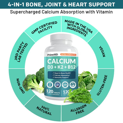4-in-1 Calcium 1200 mg with Vitamin D3 K2 - Extra Strength Calcium Supplements for Women & Men with D3 K2 Vitamin 5000 IU - Everyday Vitality Supplement - PrimeBioHealth - canada supplements