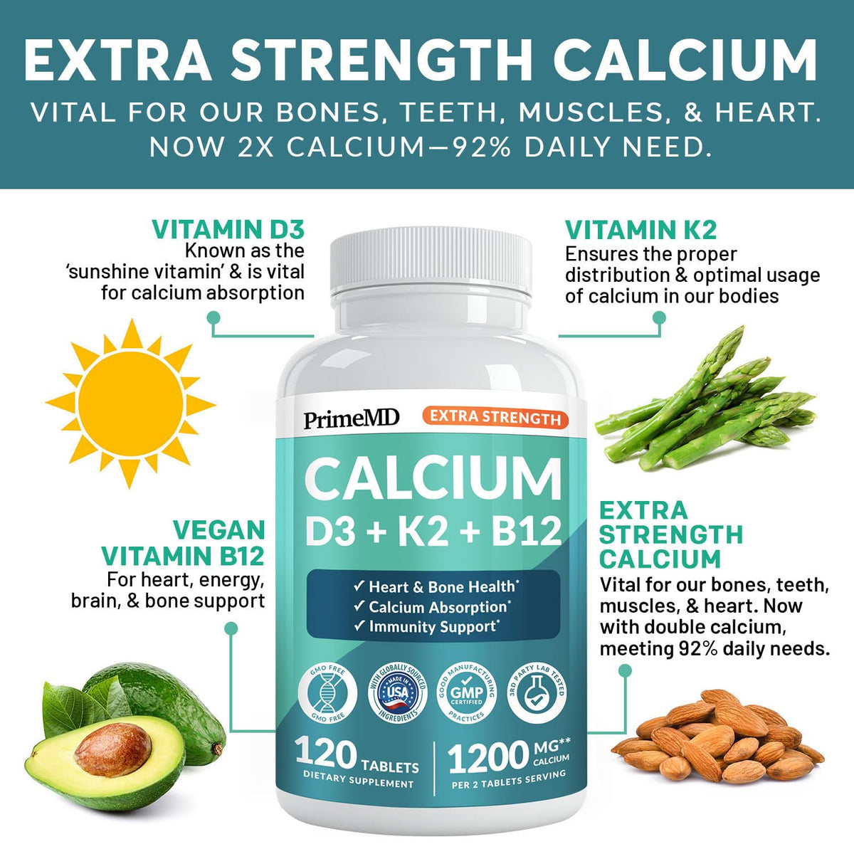 4-in-1 Calcium 1200 mg with Vitamin D3 K2 - Extra Strength Calcium Supplements for Women & Men with D3 K2 Vitamin 5000 IU - Everyday Vitality Supplement - PrimeBioHealth - canada supplements