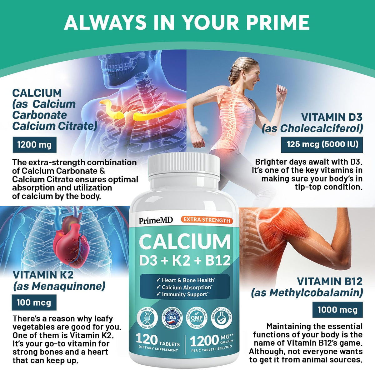 4-in-1 Calcium 1200 mg with Vitamin D3 K2 - Extra Strength Calcium Supplements for Women & Men with D3 K2 Vitamin 5000 IU - Everyday Vitality Supplement - PrimeBioHealth - canada supplements