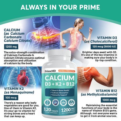 4-in-1 Calcium 1200 mg with Vitamin D3 K2 - Extra Strength Calcium Supplements for Women & Men with D3 K2 Vitamin 5000 IU - Everyday Vitality Supplement - PrimeBioHealth - canada supplements