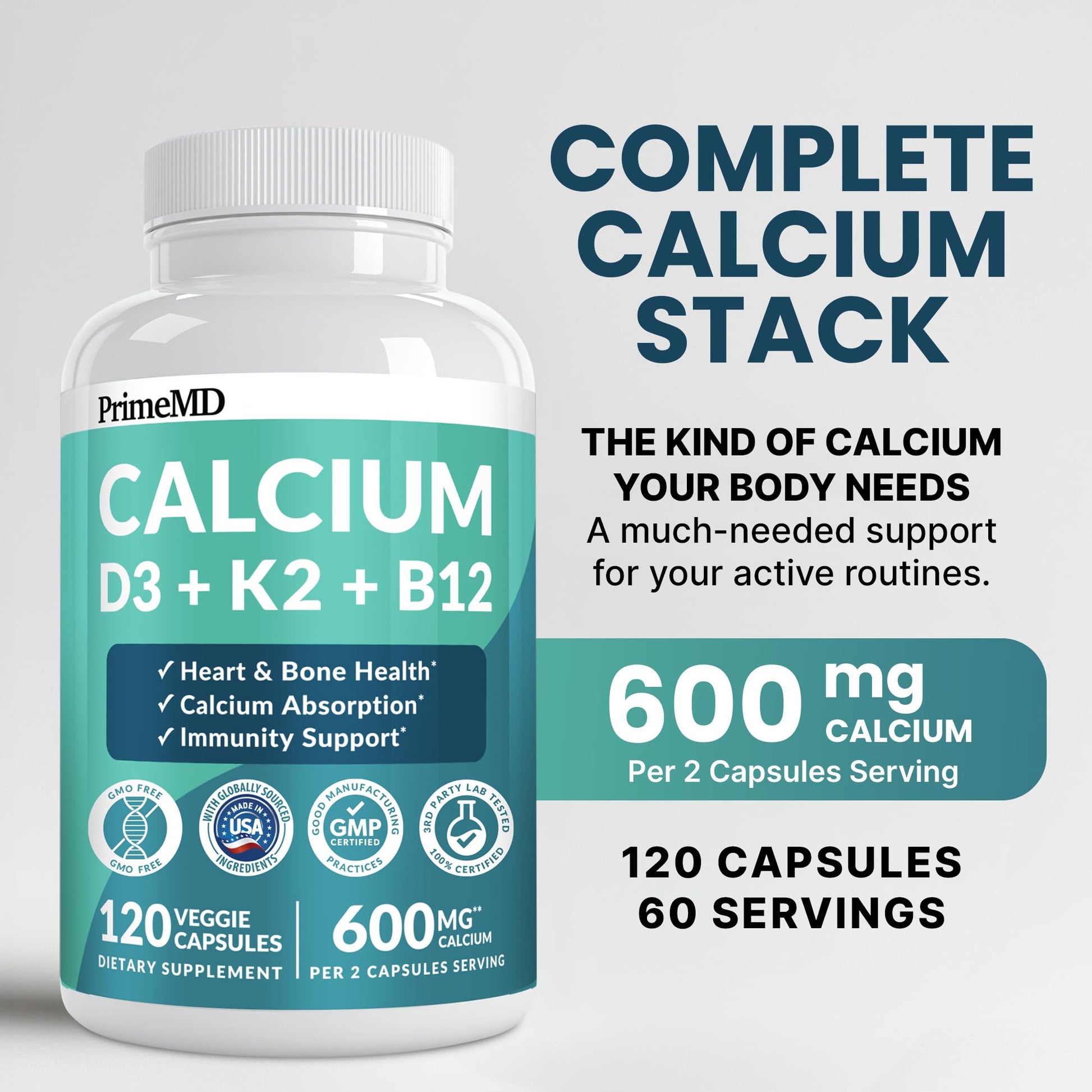 4-in-1 Calcium Supplements for Women & Men - Calcium Citrate with D3 K2 Vitamin 5000 IU - Calcium 600mg with Vitamin D3 K2 - Everyday Vitality Supplement - PrimeBioHealth - canada supplements